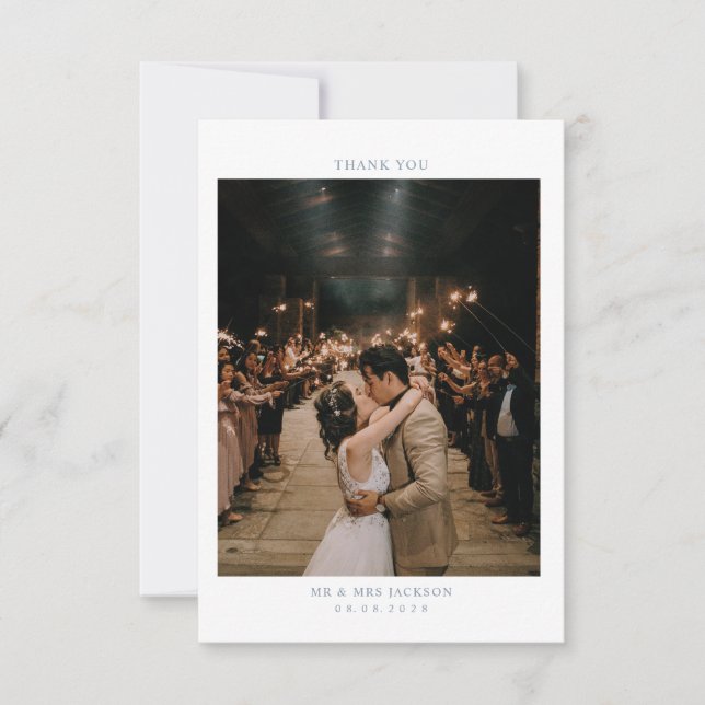 Elegant Dusty Blue Einfaches Herz mit Foto Wedding Dankeskarte (Vorderseite)