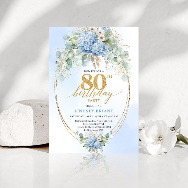 Elegant Dusty Blue Eucalyptus 80th Birthday Invite Einladung (Elegant Dusty Blue Eucalyptus 80th Birthday Invite)
