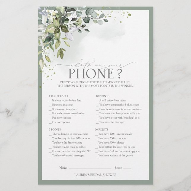 Elegant Dusty Blue Eucalyptus Brautparty Game (Vorderseite)