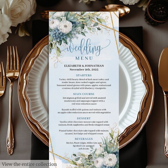 Elegant Dusty Blue Eucalyptus Floral Wedding Menu Menükarte (Elegant Dusty Blue Eucalyptus Floral Wedding Menu)