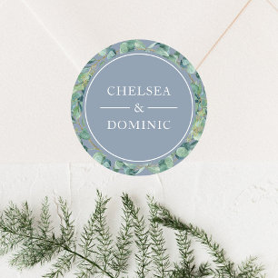 Elegant Dusty Blue Eucalyptus Wedding Label Runder Aufkleber