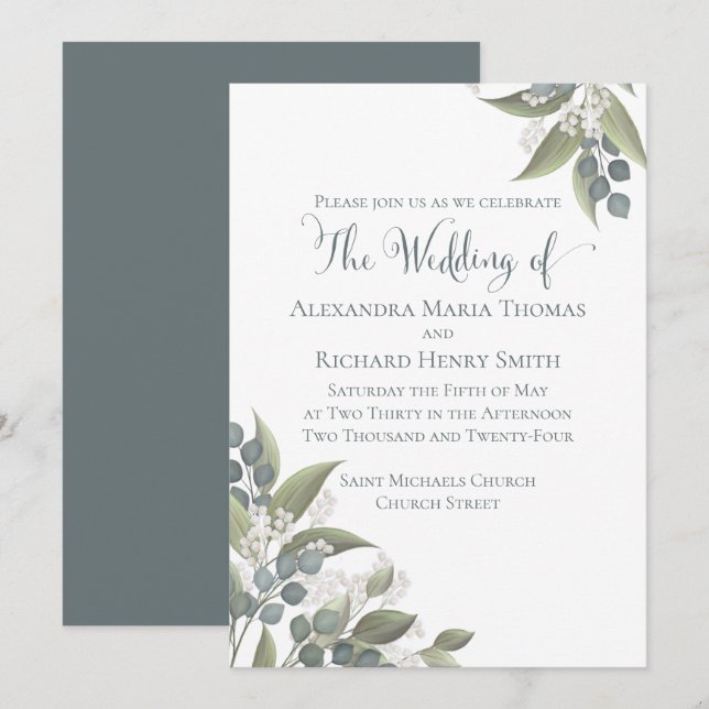 Elegant Dusty Blue Eukalyptus Greenerage Foliage Einladung (Vorne/Hinten)