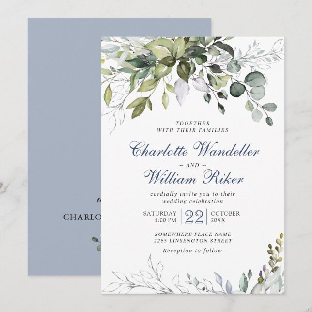 Elegant Dusty Blue Eukalyptus Greenerity Wedding Einladung (Vorne/Hinten)