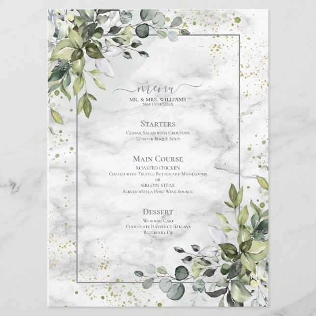Elegant Dusty Blue Eukalyptus Greenery Marble Menükarte (Vorderseite)