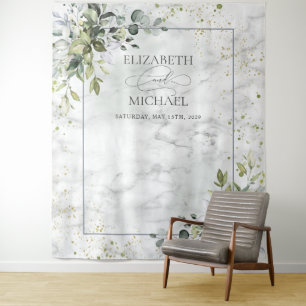 Elegant Dusty Blue Eukalyptus Greenery Marble Wandteppich