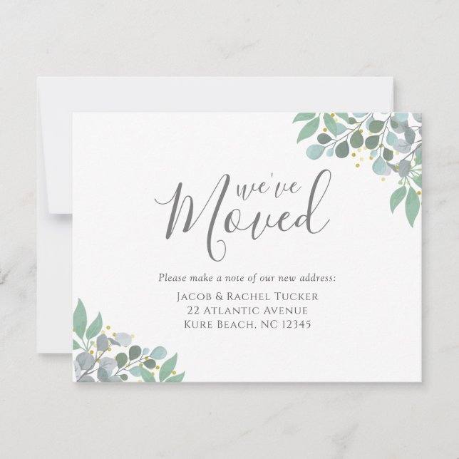 Elegant Dusty Blue Eukalyptus Moving Ankündigung (Vorderseite)