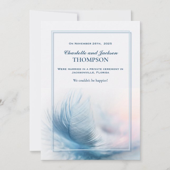 Elegant Dusty Blue Feather Wedding Announcement Ankündigung (Vorderseite)