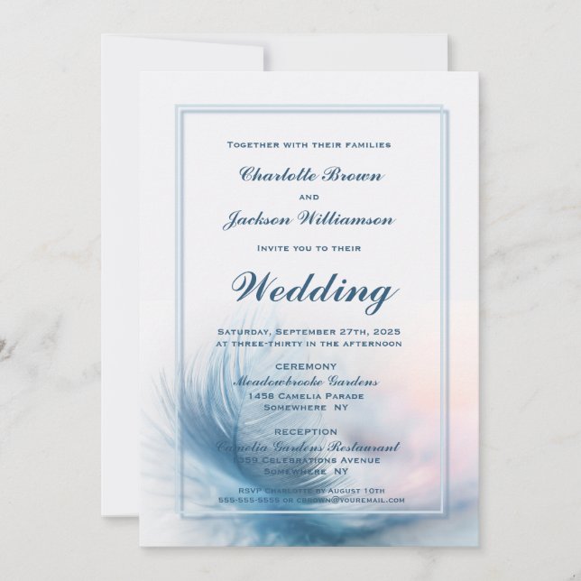 Elegant Dusty Blue Feather Wedding Einladung (Vorderseite)