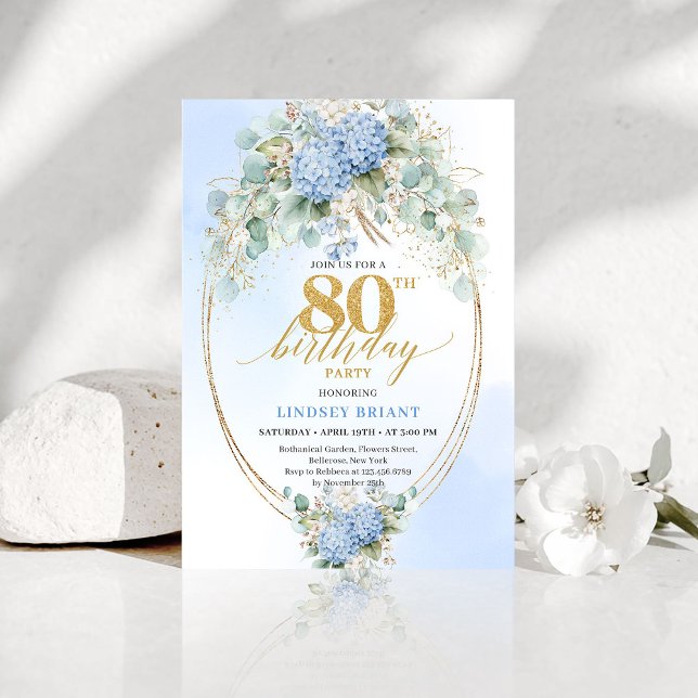 Elegant Dusty Blue Floral 80th Birthday Invitation Einladung (Elegant Dusty Blue Floral 80th Birthday Invitation)