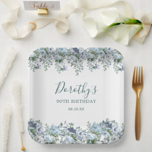 Elegant Dusty Blue Floral 90. Geburtstag Custom Pappteller