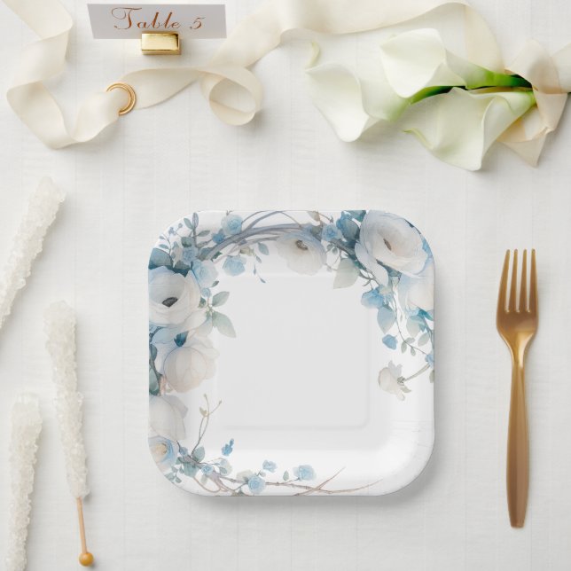 Elegant Dusty Blue Floral Baby Shower Pappteller (Hochzeit)