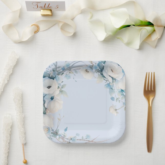 Elegant Dusty Blue Floral Baby Shower Pappteller (Hochzeit)