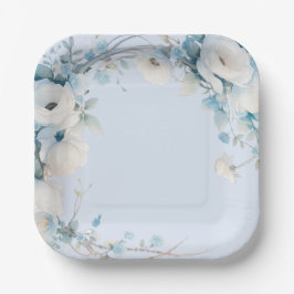 Elegant Dusty Blue Floral Baby Shower Pappteller