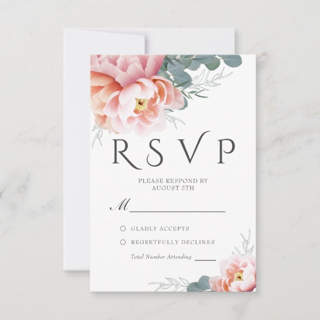 Elegant Dusty Blue Floral Blush Wedding RSVP (Vorderseite)