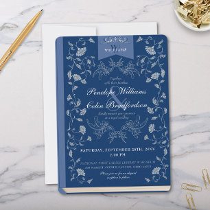 Elegant Dusty Blue Floral Book Cover Wedding Einladung
