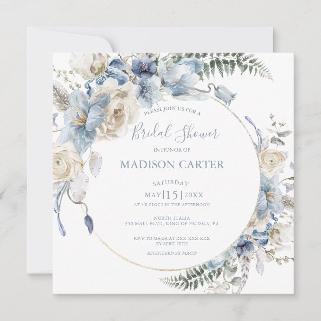 Elegant Dusty Blue Floral Bridal Dusche Einladung (Vorderseite)