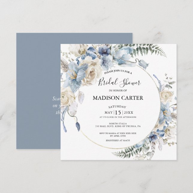 Elegant Dusty Blue Floral Bridal Dusche Einladung (Vorne/Hinten)