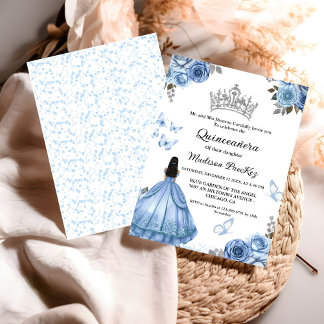 Elegant Dusty Blue Floral Butterfly Quinceanera Einladung