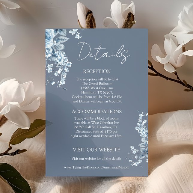 Elegant Dusty Blue Floral Details Wedding Begleitkarte (Elegant Dusty Blue Floral Details Wedding Enclosure Card)