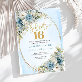 Elegant Dusty Blue Floral Eucalyptus Sweet Sixteen Einladung