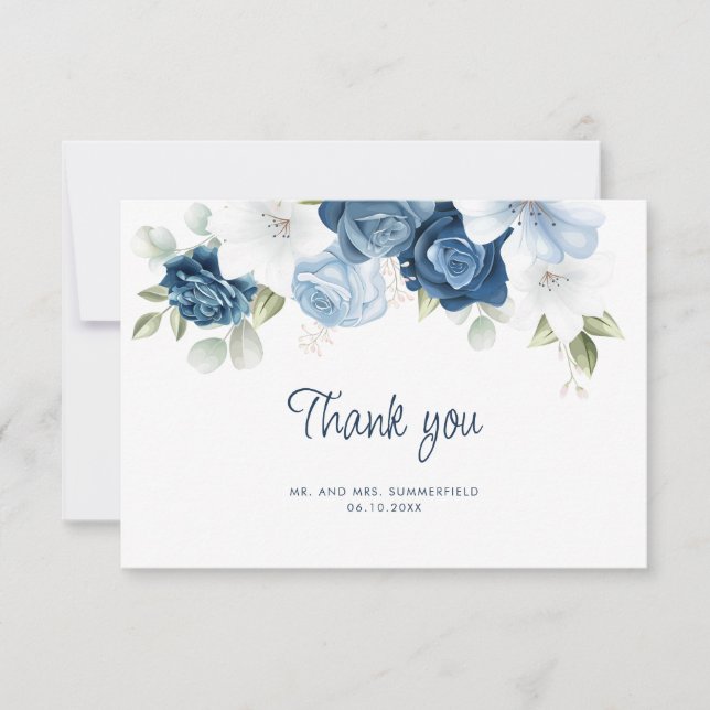 Elegant Dusty Blue Floral Eucalyptus Wedding Dankeskarte (Vorderseite)