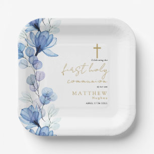 Elegant Dusty Blue Floral First Holy Communion Pappteller