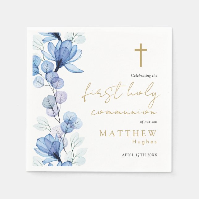Elegant Dusty Blue Floral First Holy Communion Serviette (Vorderseite)
