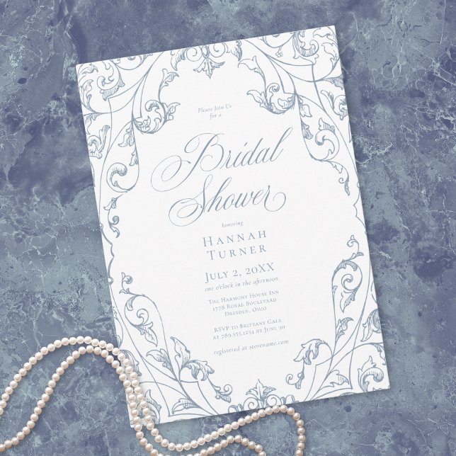 Elegant Dusty Blue Floral Frame Bridal Shower Einladung (Elegant Dusty Blue Floral Frame Bridal Shower Invitation)