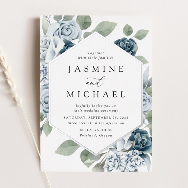 Elegant Dusty Blue Floral Frame Wedding Folieneinladung (Von Creator hochgeladen)