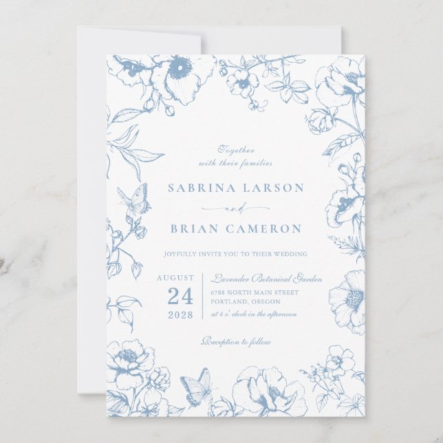 Elegant Dusty Blue Floral Garden QR Code Wedding Einladung (Vorderseite)