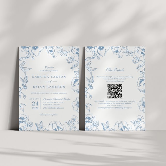 Elegant Dusty Blue Floral Garden QR Code Wedding Einladung (Von Creator hochgeladen)