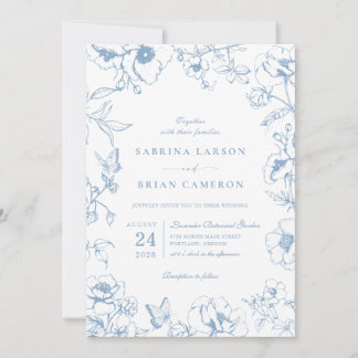 Elegant Dusty Blue Floral Garden Wedding Photo Einladung