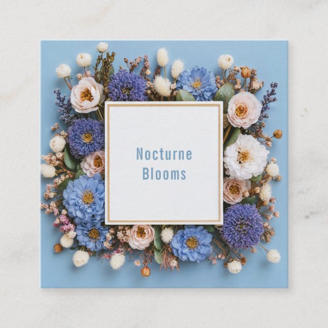 Elegant Dusty Blue Floral Gold Frame Rustic Wreath Quadratische Visitenkarte (Vorderseite)