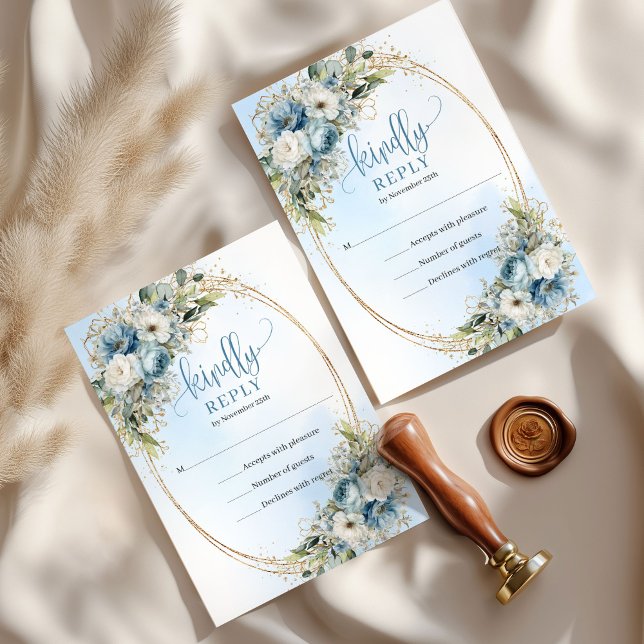 Elegant Dusty Blue Floral Gold Frame Wedding RSVP Karte (Premium Zazzle printing delivers crisp detail, rich dusty blue tones, and elegant gold accents on lu)