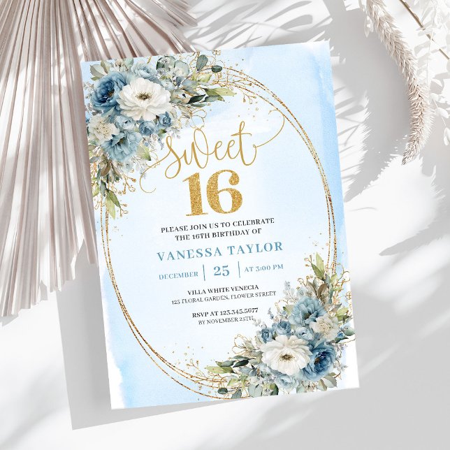 Elegant Dusty Blue Floral Gold Sweet Sixteen 16th Einladung (Elegant Dusty Blue Floral Gold Sweet Sixteen Invitation)