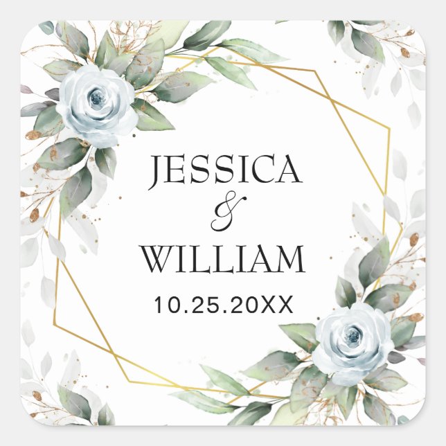 Elegant Dusty Blue Floral Greenerity Wedding Quadratischer Aufkleber (Vorderseite)
