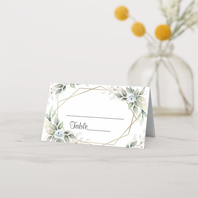 Elegant Dusty Blue Floral Greenerity Wedding Table Platzkarte (Vorderseite)