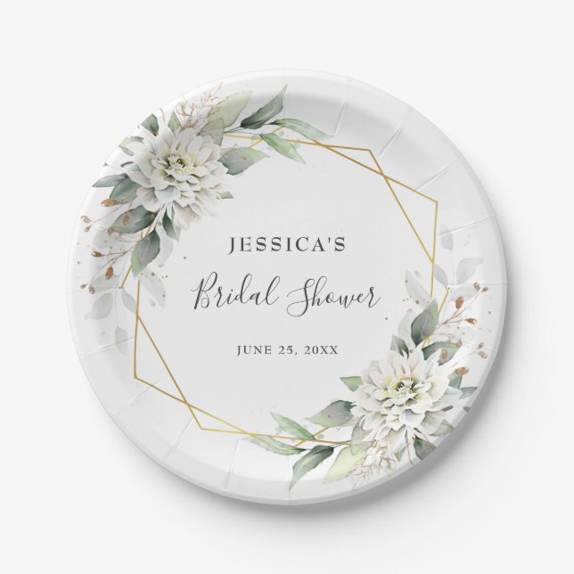 Elegant Dusty Blue Floral Greenery Brautparty Pappteller (Vorderseite)