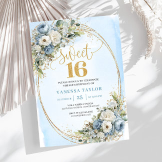 Elegant Dusty Blue Floral Greenery Sweet Sixteen  Einladung