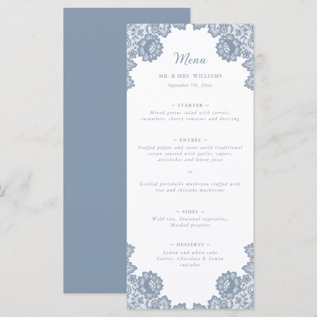 Elegant Dusty Blue Floral Lace Wedding Menükarte (Vorne/Hinten)