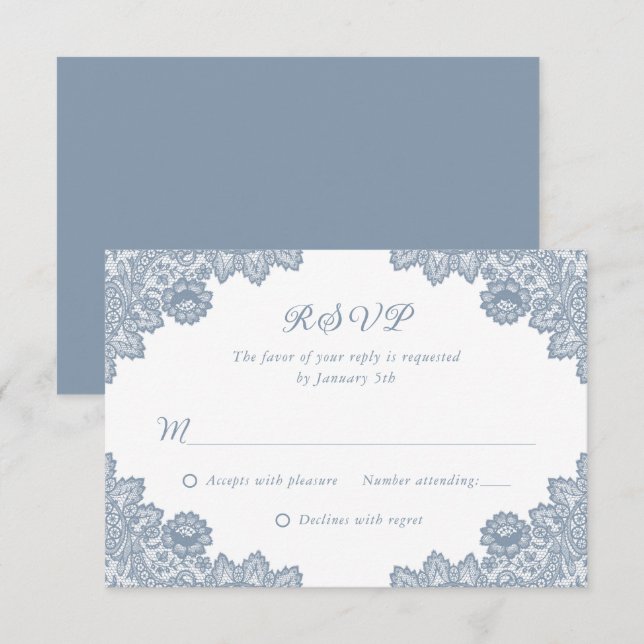 Elegant Dusty Blue Floral Lace Wedding RSVP (Vorne/Hinten)