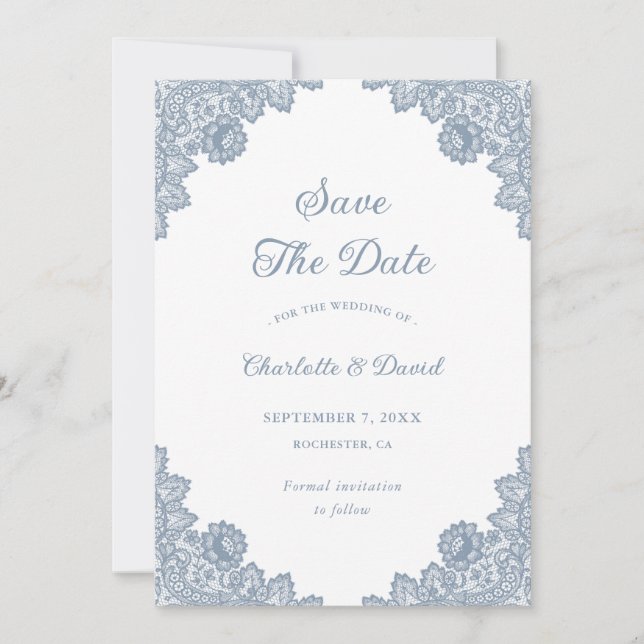 Elegant Dusty Blue Floral Lace Wedding Save The Date (Vorderseite)