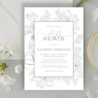 Elegant Dusty Blue Floral Line Art Babydusche Einladung