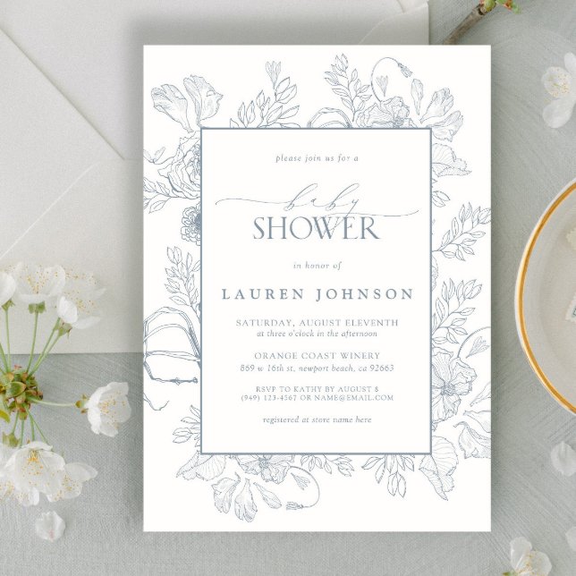 Elegant Dusty Blue Floral Line Art Babydusche Einladung (Von Creator hochgeladen)