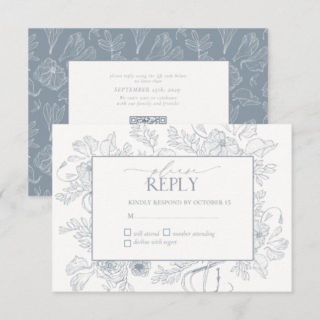 Elegant Dusty Blue Floral Line Art Wedding RSVP Karte (Vorne/Hinten)