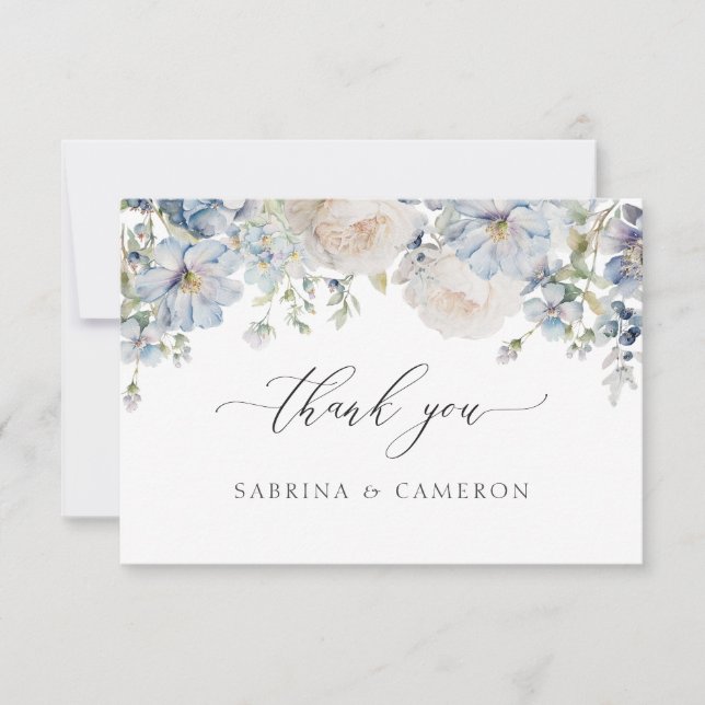Elégant Dusty Blue Floral Mariage Carte de remerci (Devant)