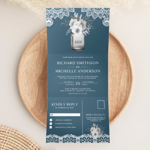 Elegant Dusty Blue Floral Mason Jar Lace Wedding Dreifach Gefaltete Einladung