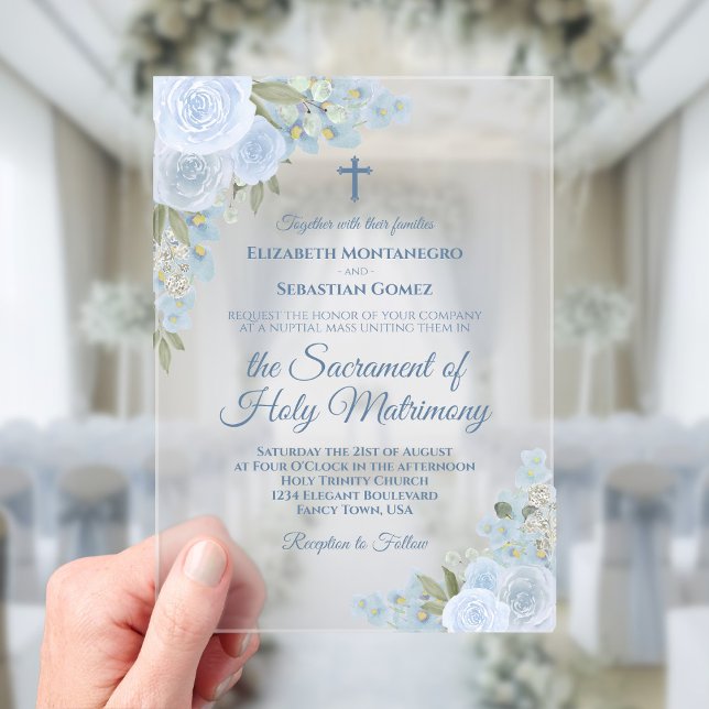 Elegant Dusty Blue Floral Moderne katholische Hoch Acryleinladungen (Frosted Acrylic with Rectangle Cut)