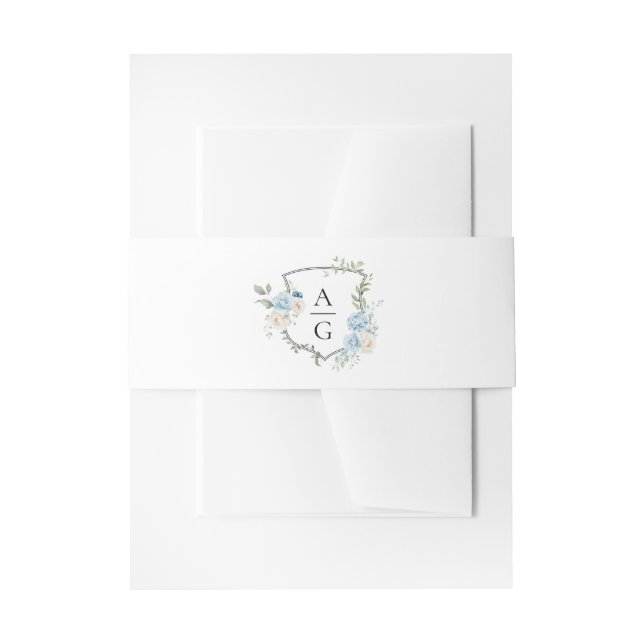 Elegant Dusty Blue Floral Monogram Wappen Wedding Einladungsbanderole (Vorderseite Beispiel)