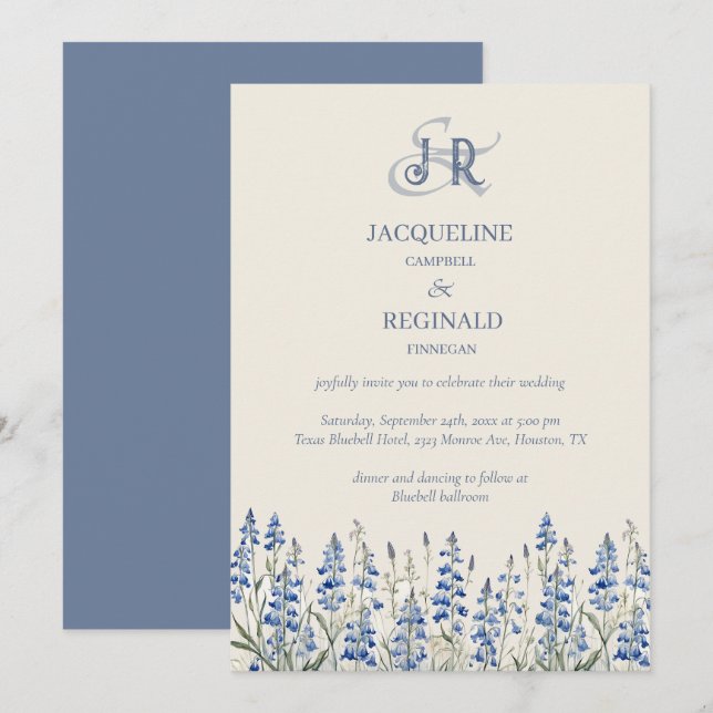 Elegant Dusty Blue Floral Monogram Wedding Einladung (Vorne/Hinten)
